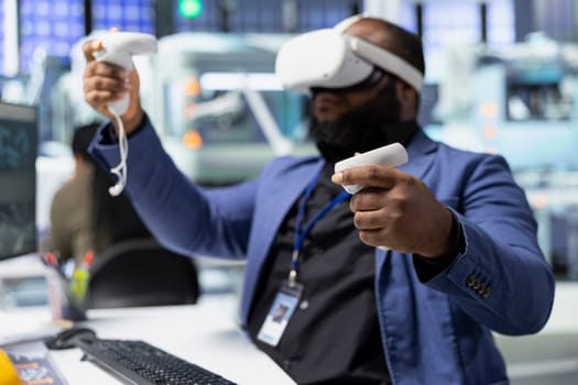 Photovoltaics factory engineer using VR tech to build models of alternative energy generators. Solar panels plant female employee building safe solar cells using virtual reality gear.