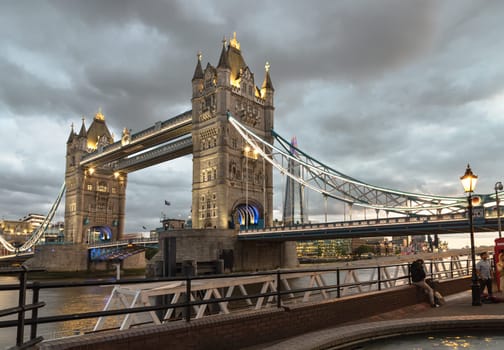 London, UK - May 07, 2025 - The magnificent view of Iconic Tower Bridge with sky in the background after sunset. Famous Tower Bridge (Bascule bridge) in London, use it as your Wallpaper, Poster and Space for text.