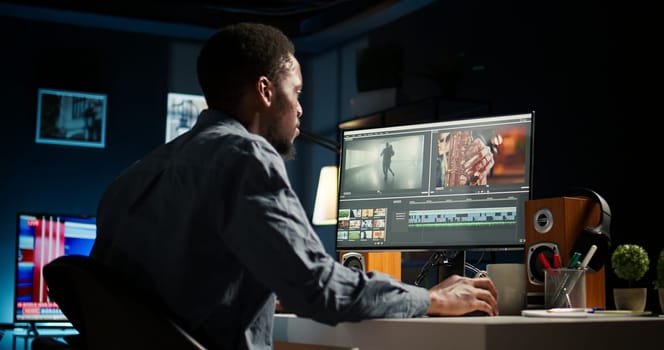 Video maker editing montage clips on coloring software at home, working on color correction and motion graphics to edit footage. Content creator editing clips on toolbar panels. Camera A.