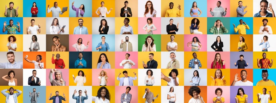 A lively collection of portraits featuring diverse individuals expressing a range of emotions. Set against colorful backgrounds, this compilation highlights the beauty of diversity and unity.