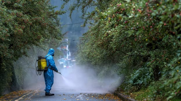 Worker in white protective suit, mask and gas respirator spraying insecticide in kitchen. Pest control specialist using professional equipment to eliminate bugs, cockroaches, insects or harmful pests..