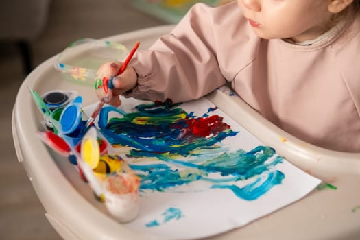 Little girl painting with gouache on a large sheet of paper. Joyful expression, creativity and early childhood development.