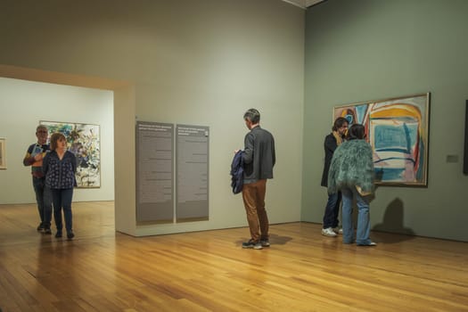 Jan 13, 2024 - Lisbon, Portugal: Visitors engage with diverse paintings in exhibitions at Berardo Collection Museum, navigating halls, reading information panels and observing artwork of Portuguese and international art from 20th and 21st centuries