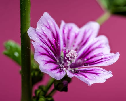 A close-up of a beautiful purple mallow flower covered in glistening water droplets, set against a rich magenta background. Perfect for nature, garden, and beauty themes