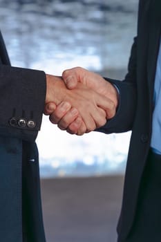 Vertical Portrait Two professional businessmen in suits shaking hands inside a modern glass office. Business deal, agreement, or partnership in a corporate indoor setting with contemporary design.