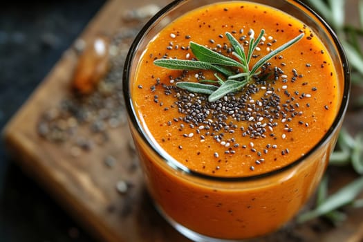 Smoothie with mango and chia seeds in a glass tall glass close-up on a graphite stand on a blurred background. Healthy eating