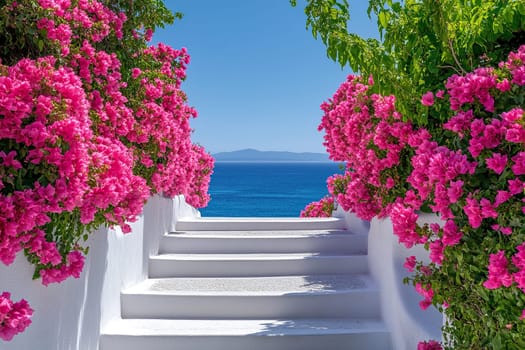White architecture of staircase and pink flower bushes overlooking the sea on a sunny day. Summer holidays in Greece.