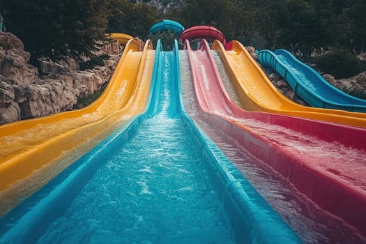 The water park is built into the natural landscape. Close-up of water slides of different colors.