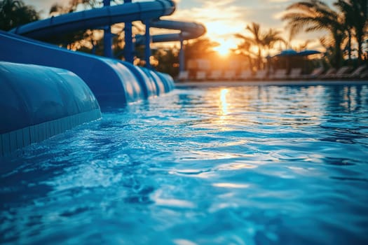 Outdoor swimming pool with water park in hotel at sunset, close-up of water.