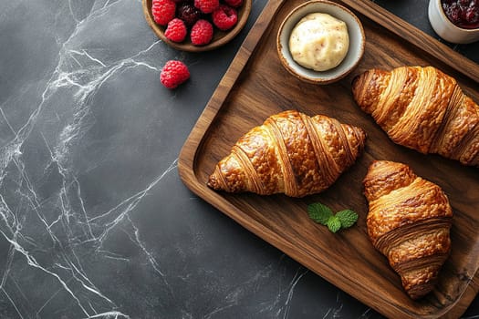 Fresh croissants on a wooden tray with sauce and fresh raspberries.