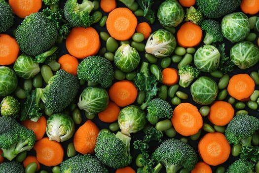 Overhead view of fresh vegetables including vibrant broccoli, sliced carrots, Brussels sprouts, and edamame beans. Ideal for healthy eating and nutrition-themed projects.