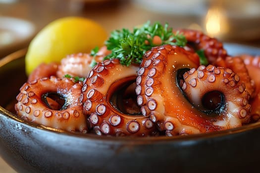 Close-up of octopus dish with lemon and herbs