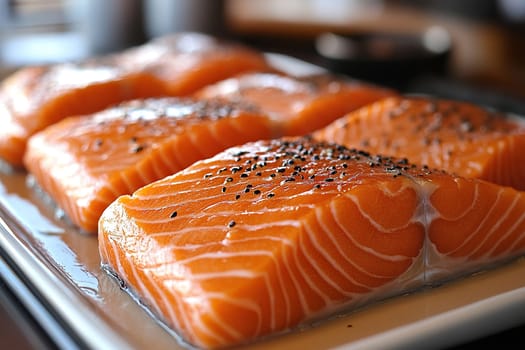 Two fresh salmon fillets garnished with black sesame seeds and coarse salt, presented on a neutral-toned plate. The image highlights the texture and color of the raw fish.