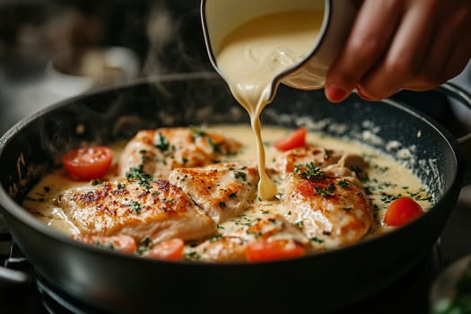 woman's hand pouring cream from a creamer over chicken breast in a saucepan before cooking, food photo