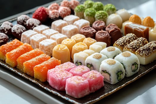 Close-up of a large metal tray with Turkish delight.
