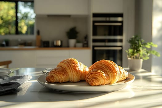 Two fresh croissants on a white plate for breakfast in the kitchen. Delicious breakfast in the sunlight.