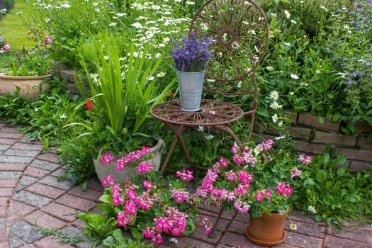 herb spiral in the garden with fresh herbs and flowers and old chair with lavender