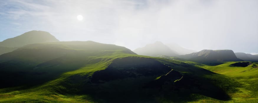 Breathtaking landscape of rolling green hills beneath a bright, sunny sky, perfect for nature enthusiasts. 3d render