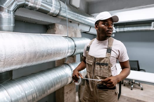 A maintenance technician inspects ventilation ducts in a contemporary office space. He wears overalls and a cap, focused on ensuring proper airflow. The setting conveys professionalism and readiness.
