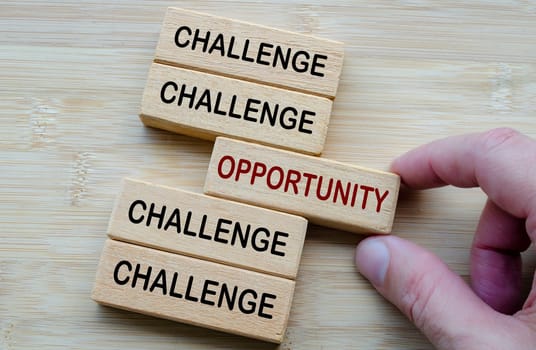 Challenges and Opportunities Coexist, a reminder that every challenge carries potential opportunities, shown through opposing wooden block messages.