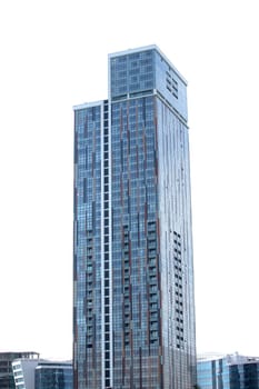 Modern high-rise building made of metal and blue glass on a white background.