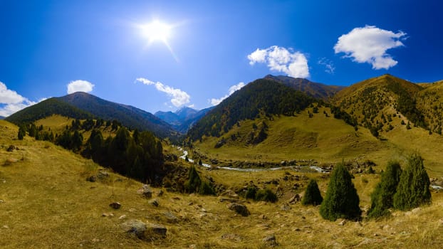 Elevated panoramic view of a sunlit mountain valley. A river winds between grassy foreground slopes and distant forested mountains under a blue sky in Zhylamysh gorge, Kyrgyzstan