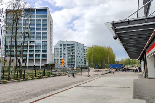 Espoo, Finland - MAY 22, 2025: Meritie construction in the city of Espoo, Finland, near Finnoo metro station. The area is closed with construction barriers
