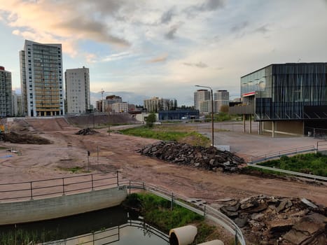 Espoo, Finland - MAY 23, 2025: Meritie road construction in the city of Espoo, Finland, Finnoo metro station and syva salmi. The area is closed with construction barriers