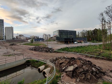 Espoo, Finland - MAY 23, 2025: Meritie road construction in the city of Espoo, Finland, Finnoo metro station and syva salmi. The area is closed with construction barriers