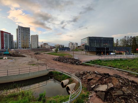 Espoo, Finland - MAY 23, 2025: Meritie road construction in the city of Espoo, Finland, Finnoo metro station and syva salmi. The area is closed with construction barriers