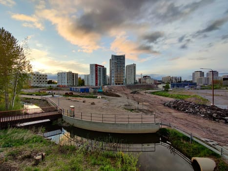 Espoo, Finland - MAY 23, 2025: Meritie road construction in the city of Espoo, Finland, Finnoo metro station and syva salmi. The area is closed with construction barriers