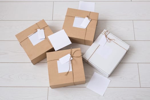Many boxes with space for advertisement delivered from online store. Internet shopping and delivery.