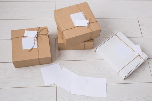 Many boxes with space for advertisement delivered from online store. Internet shopping and delivery.