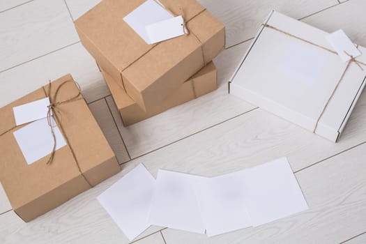 Many boxes with space for advertisement delivered from online store. Internet shopping and delivery.