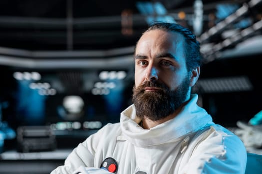 Portrait of astronaut researcher exploring deep space, collecting research data during flight. Scientist wearing cosmonaut gear in spaceship observing scientific reactions in orbit