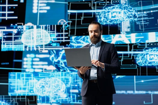 Tech savvy businessman reviewing AI brain programming for innovation, exploring algorithmic thinking and deep learning through neural network system. Virtual intelligence in the digital age.