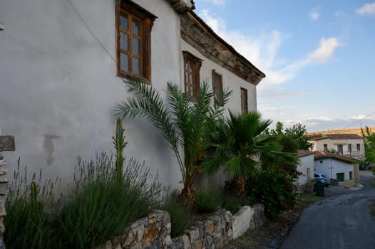 Scenic view of a typical Cypriot street with traditional houses and a warm Mediterranean atmosphere.