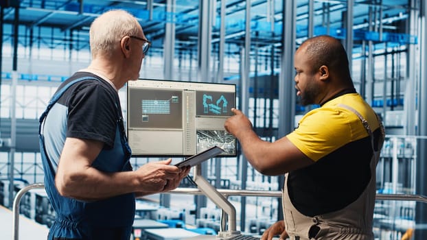 Smart photovoltaics factory expert gathering system performance metrics with AI tech. Solar panels plant worker tracking energy production through artificial intelligence IoT sensors, camera A