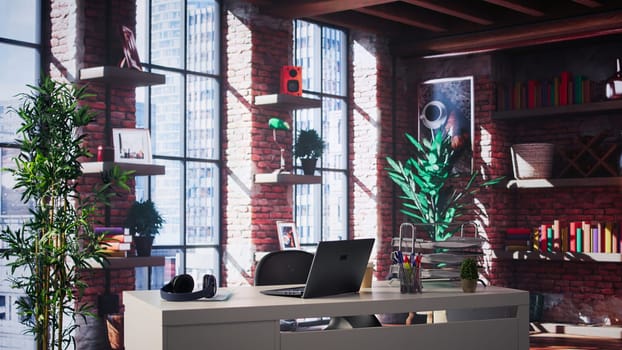 Empty desk in a luxurious loft apartment with a modern minimalist design. Bright spacious home office features sleek furniture, panoramic windows and an elegant ambiance perfect for creativity.