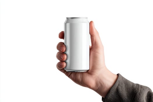 Man holding aluminum white can on white background..