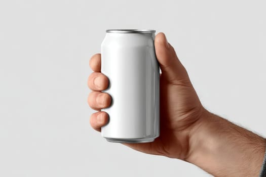 Man holding aluminum white can on white background..