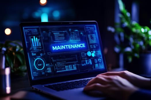 Corporate executive uses laptop for global maintenance. Futuristic tech concept shows proactive system support, digital repair services. Global maintenance concept with digital repair system..