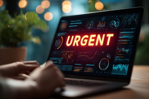 Laptop screen displays URGENT alert to warning image conveys sense of urgency and threat.