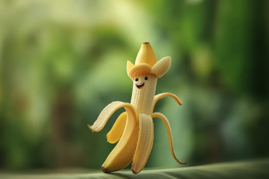 happy face banana character fruit with a smile on face in cheerful mood isolated on green background..