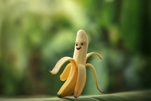 happy face banana character fruit with a smile on face in cheerful mood isolated on green background..