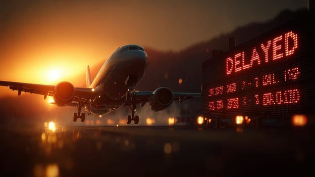 DELAYED in red LED text with a commercial airplane landing on a runway at sunrise background..