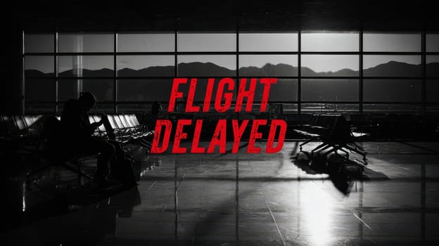 Red text with word flight delay on moody airport terminal background..