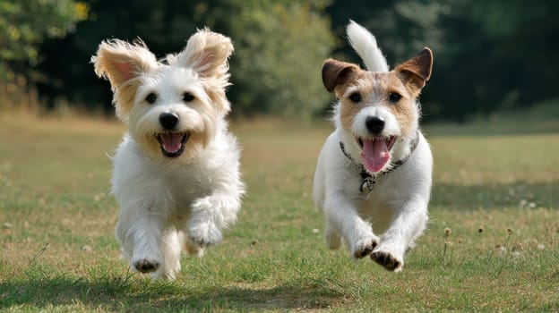 Two happy dogs, both with excited expressions, are running on a grassy field..