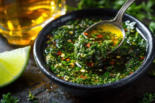 Close-up of vibrant green chimichurri sauce in rustic bowl..