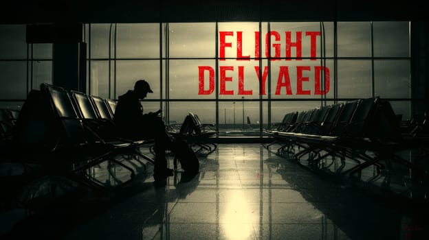 Red text with word flight delay on moody airport terminal background..